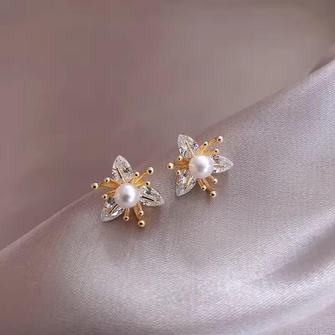 Gold Crystal Floral Pearl Earrings - Diane Jewelry