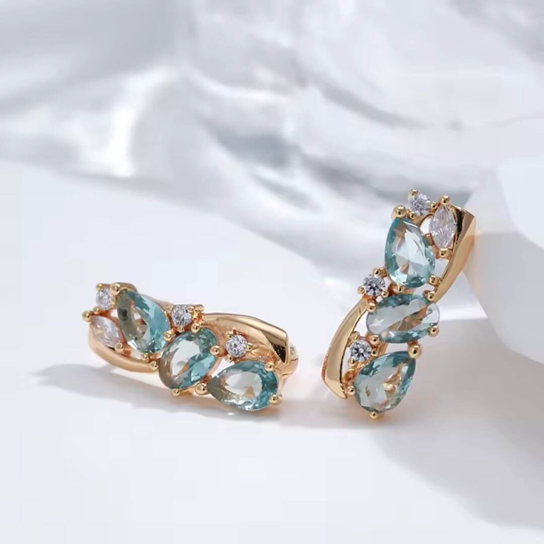 Gold Aqua Crystal Huggie Earrings - Diane Jewelry