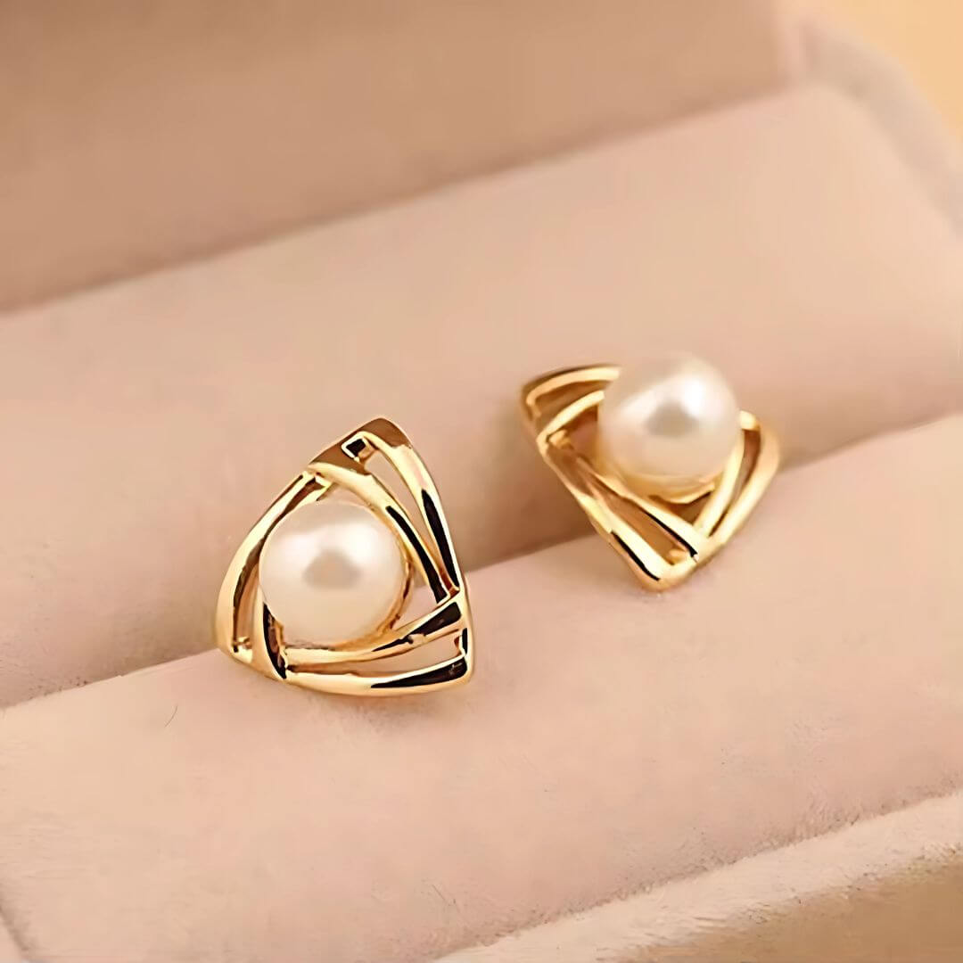 Gold Triangle Pearl Stud Earrings - Diane Jewelry