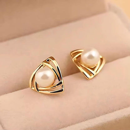 Gold Triangle Pearl Stud Earrings - Diane Jewelry
