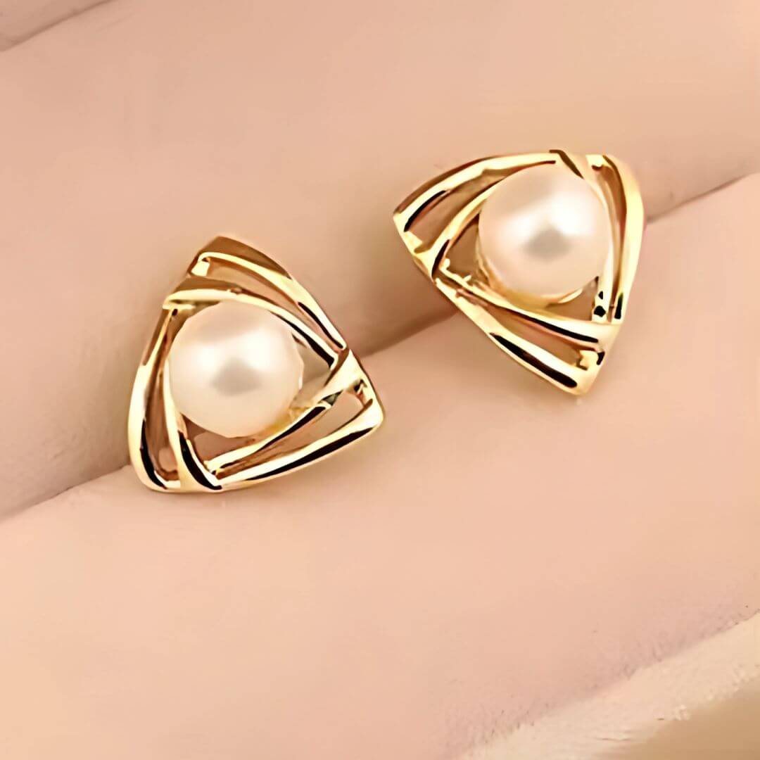 Gold Triangle Pearl Stud Earrings - Diane Jewelry