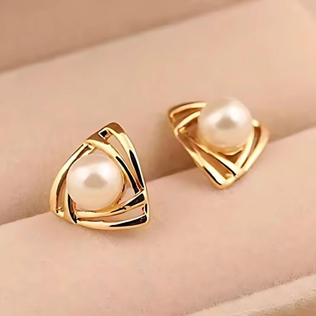Gold Triangle Pearl Stud Earrings - Diane Jewelry