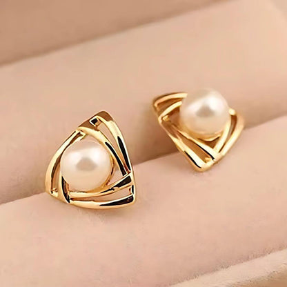 Gold Triangle Pearl Stud Earrings - Diane Jewelry