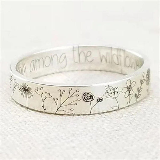 Wildflower Engraved Silver Band Ring - Diane Jewelry