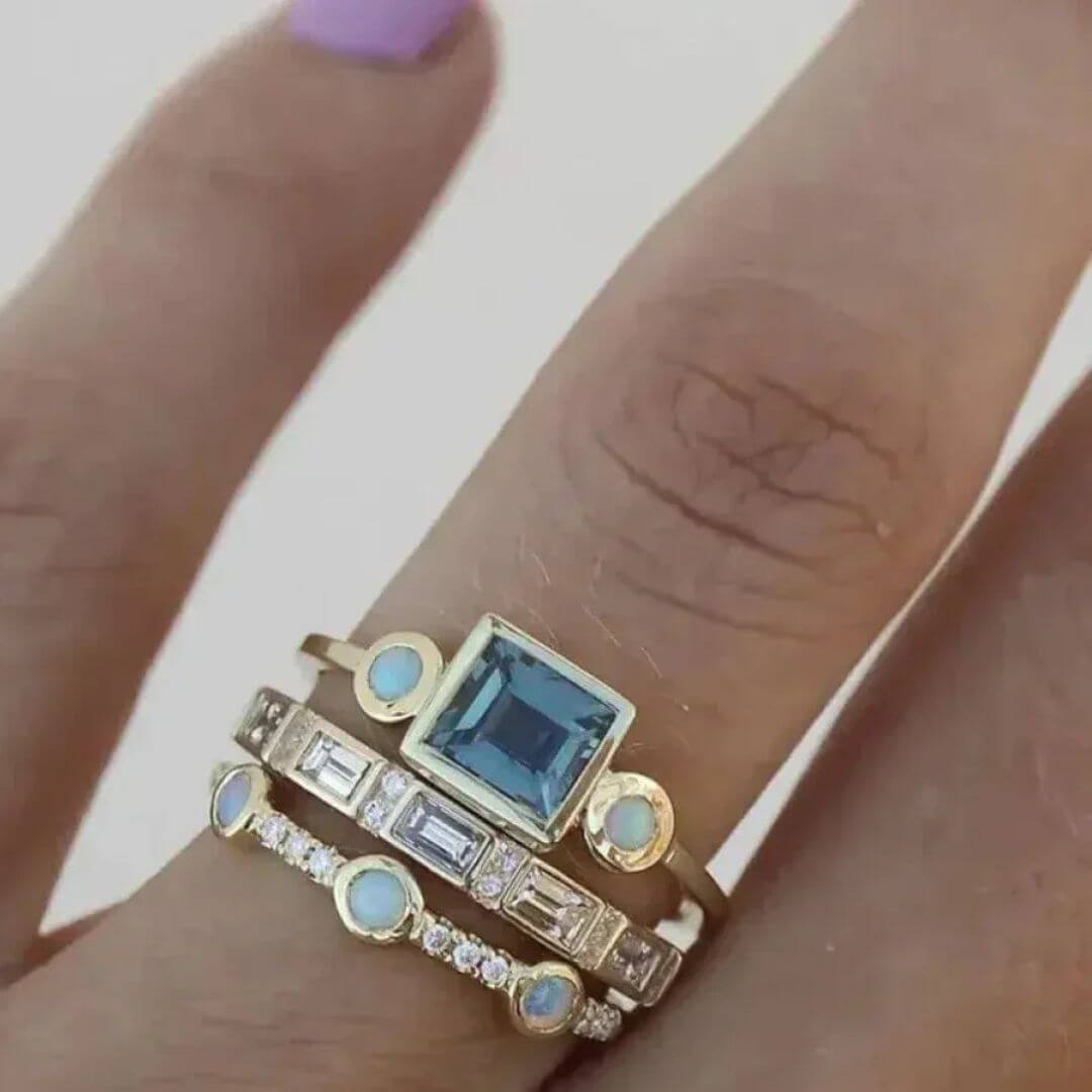 Gold Opal Blue Stacking Rings - Diane Jewelry