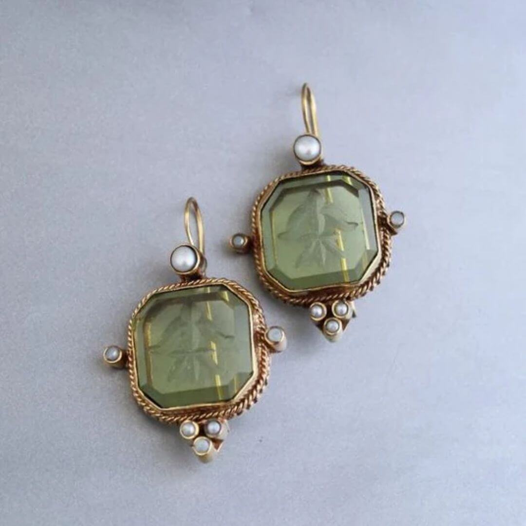 Vintage Green Square Drop Earrings - Diane Jewelry