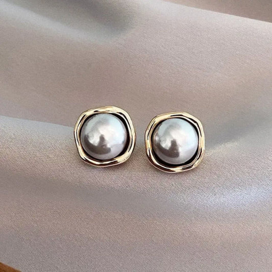 Gold Framed Pearl Stud Earrings - Diane Jewelry