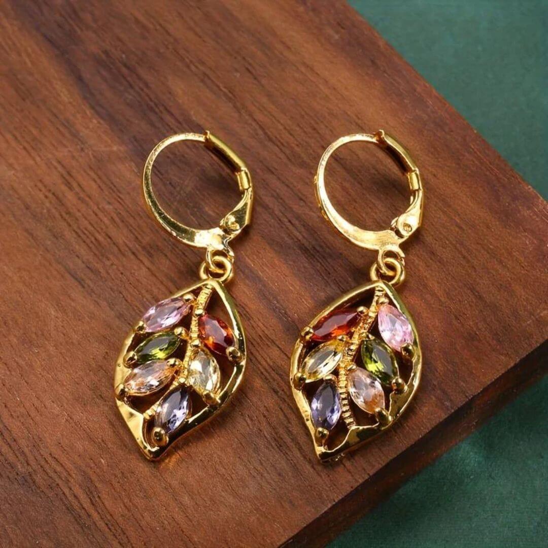 Gold Leaf Colorful Crystals Earrings - Diane Jewelry