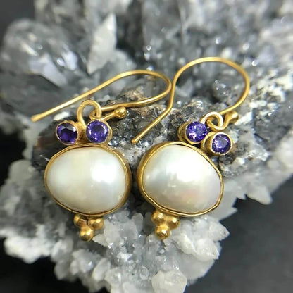 Pearl Amethyst Gold Drop Earrings - Diane Jewelry