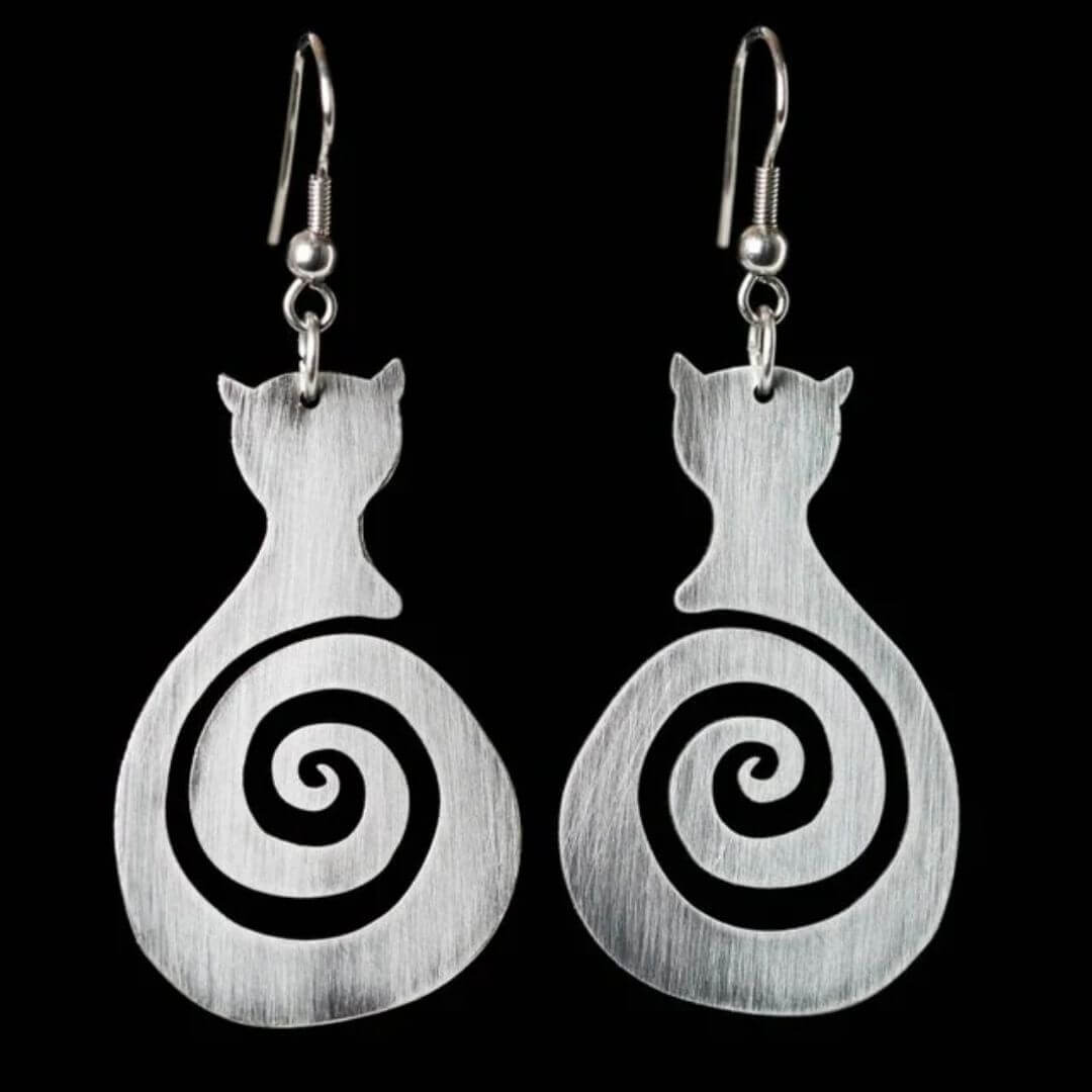 Silver Spiral Cat Dangle Earrings - Diane Jewelry