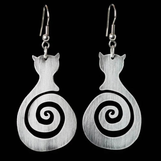 Silver Spiral Cat Dangle Earrings - Diane Jewelry