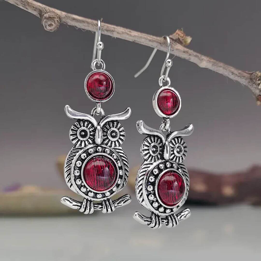 Red Gemstone Silver Owl Earrings - Diane Jewelry