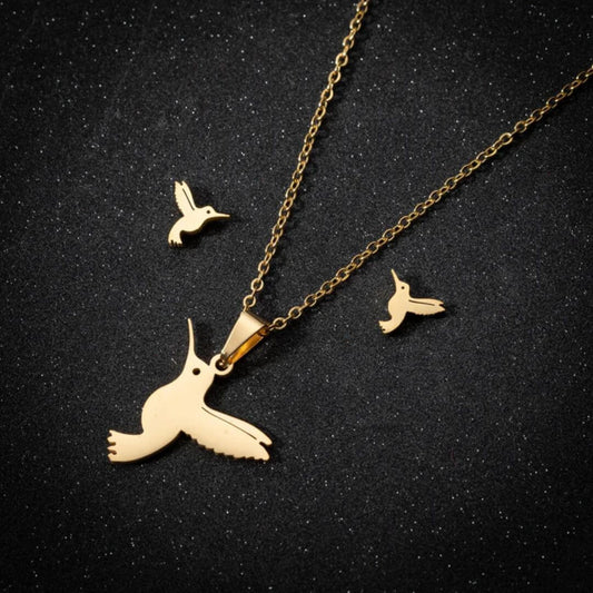 Gold Hummingbird Necklace Earring Set - Diane Jewelry
