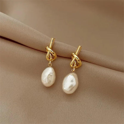 Gold Knot Baroque Pearl Earrings - Diane Jewelry