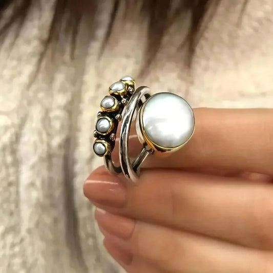 Vintage Moonstone Pearl Silver Ring - Diane Jewelry