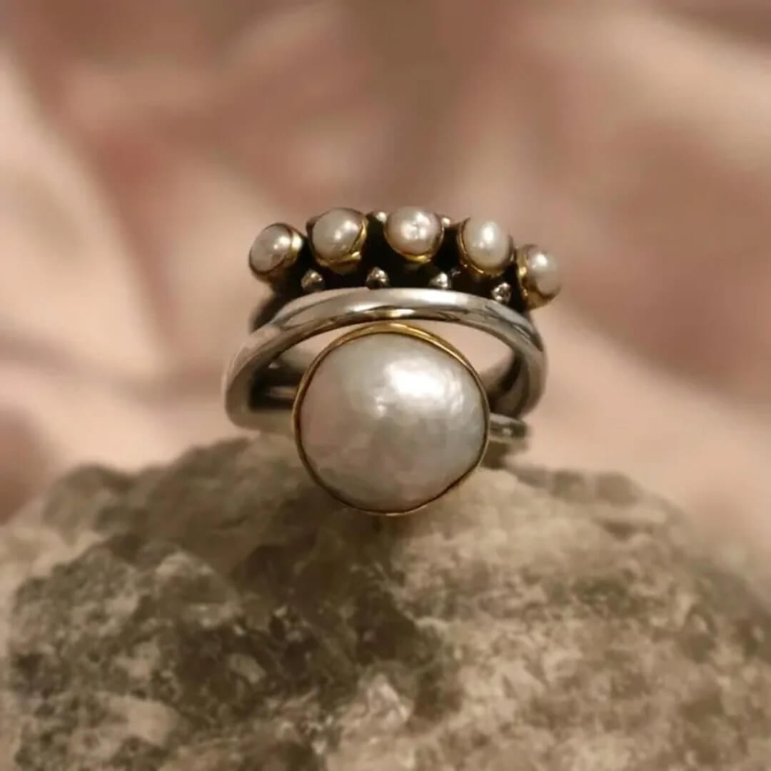 Vintage Moonstone Pearl Silver Ring - Diane Jewelry