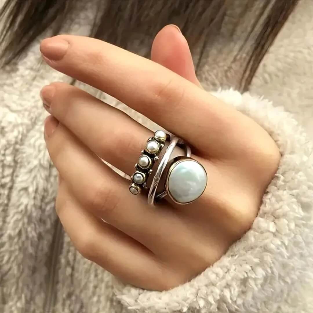 Vintage Moonstone Pearl Silver Ring - Diane Jewelry