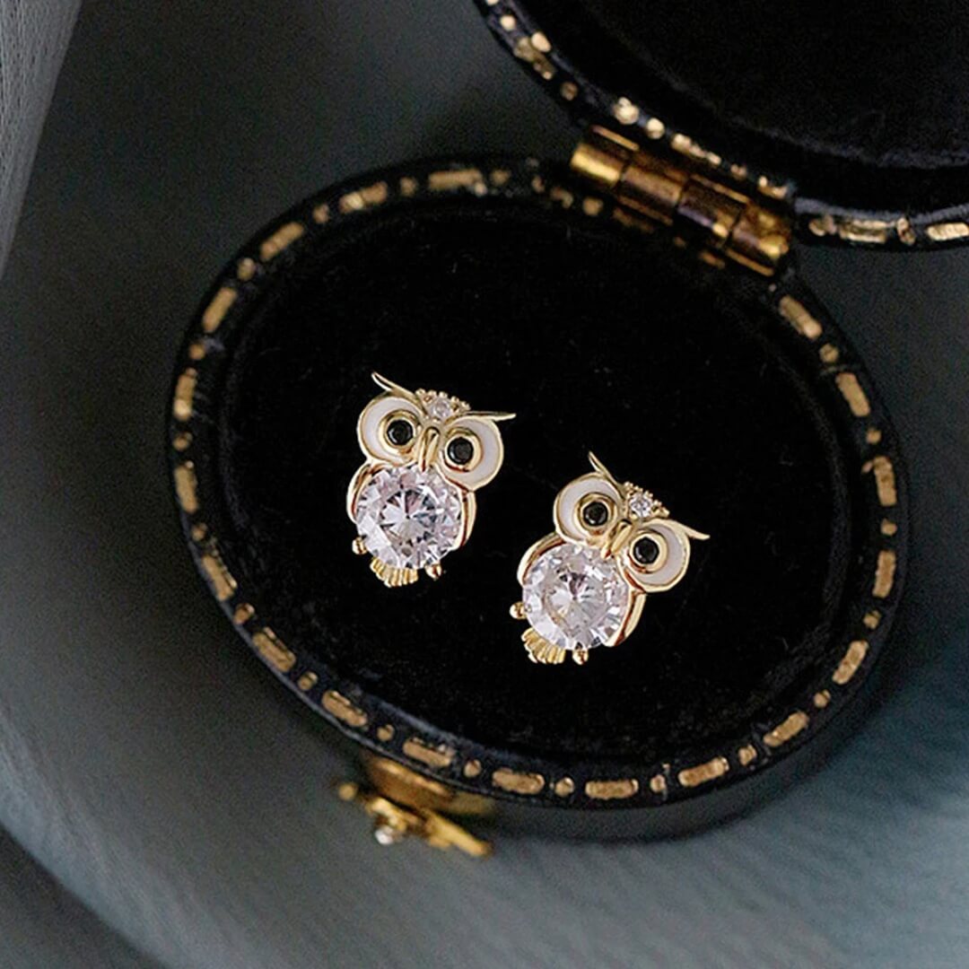 Gold Owl Crystal Stud Earrings - Diane Jewelry