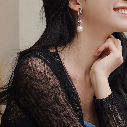 Elegant Pearl Drop Hoop Earrings - Diane Jewelry