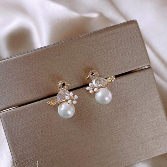 Bird Pearl Flower Stud Earrings - Diane Jewelry