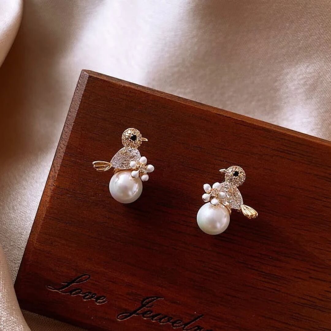 Bird Pearl Flower Stud Earrings - Diane Jewelry