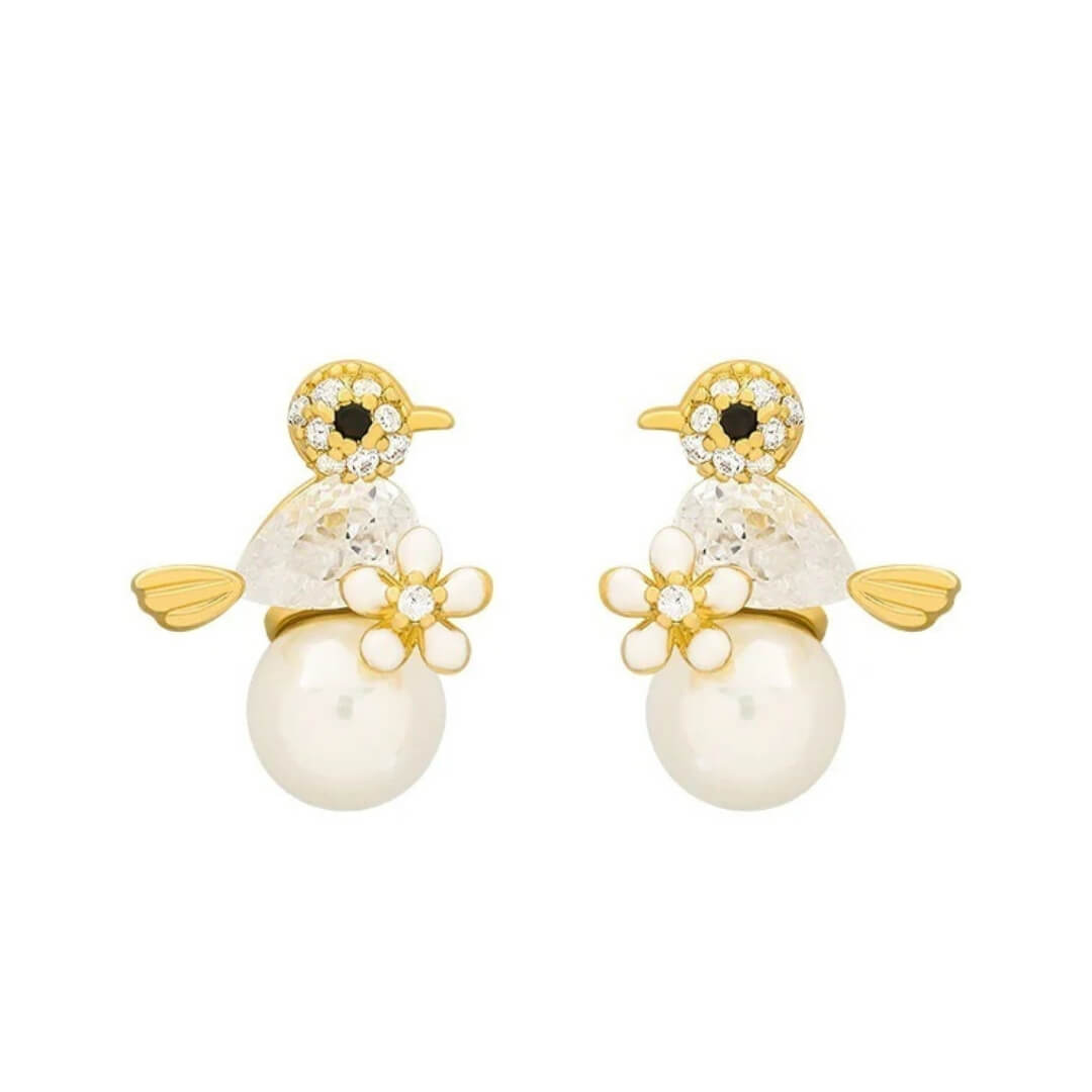 Bird Pearl Flower Stud Earrings - Diane Jewelry