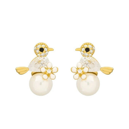 Bird Pearl Flower Stud Earrings - Diane Jewelry