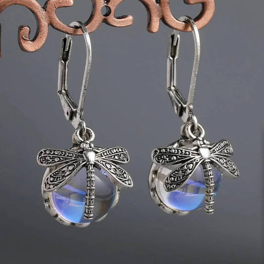 Moonstone Dragonfly Drop Earrings - Diane Jewelry