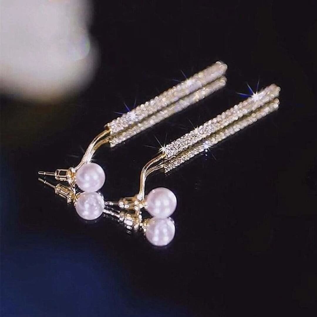 Pearl Crystal Long Drop Earrings - Diane Jewelry