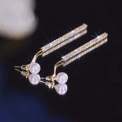 Pearl Crystal Long Drop Earrings - Diane Jewelry