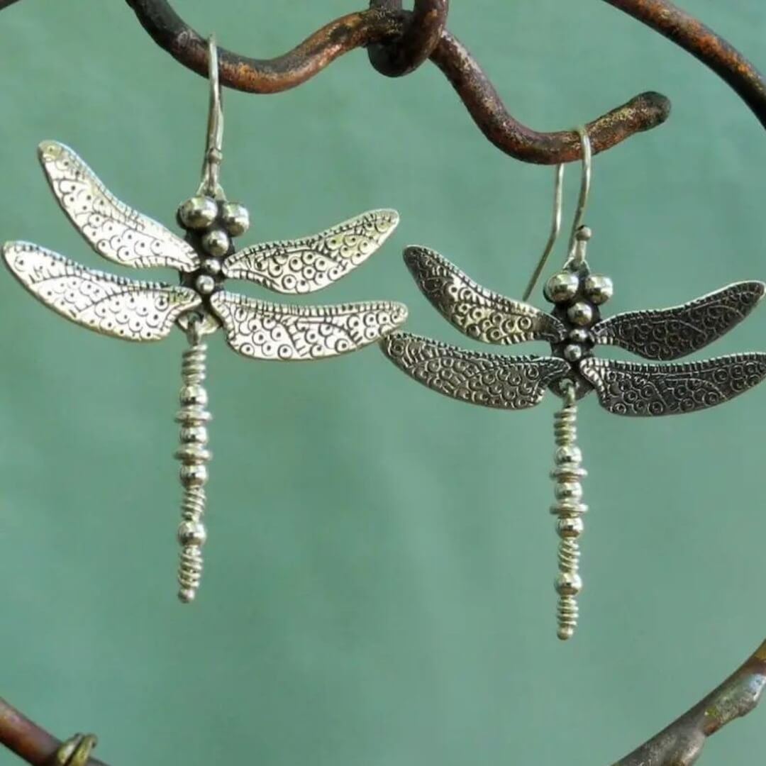 Vintage Silver Dragonfly Drop Earrings - Diane Jewelry