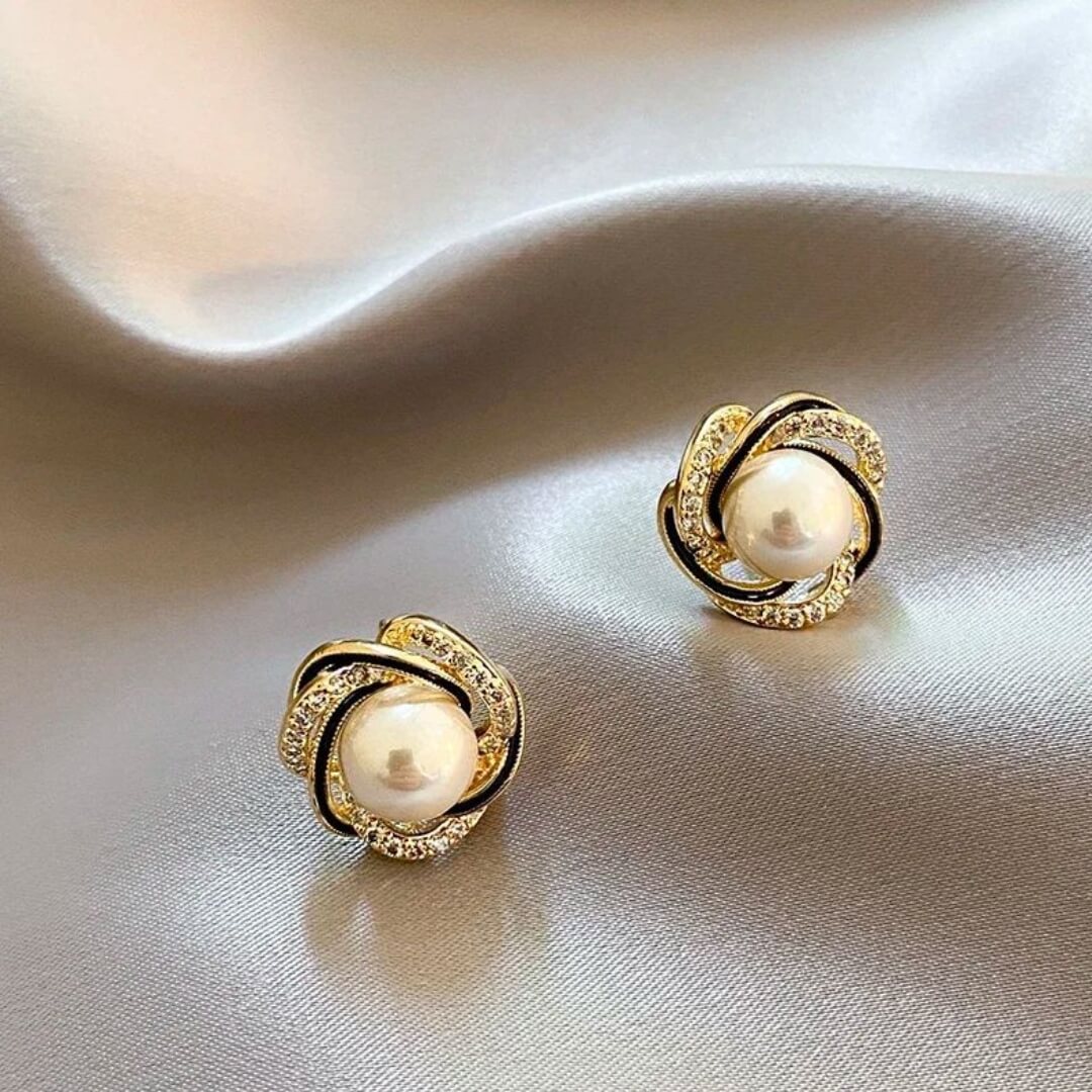 Gold Pearl Stud Twist Earrings - Diane Jewelry