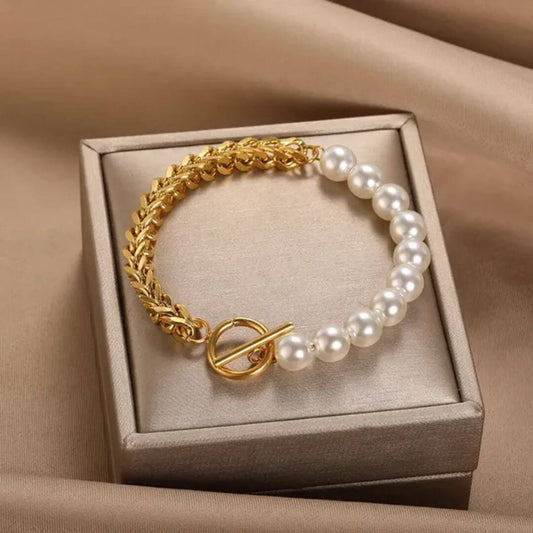 Gold Chain Pearl Toggle Bracelet - Diane Jewelry