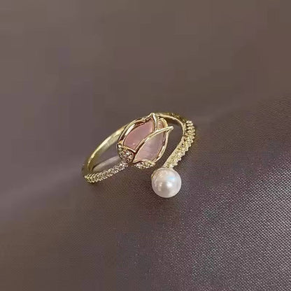 Gold Rosebud Pearl Adjustable Ring - Diane Jewelry