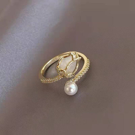 Gold Rosebud Pearl Adjustable Ring - Diane Jewelry