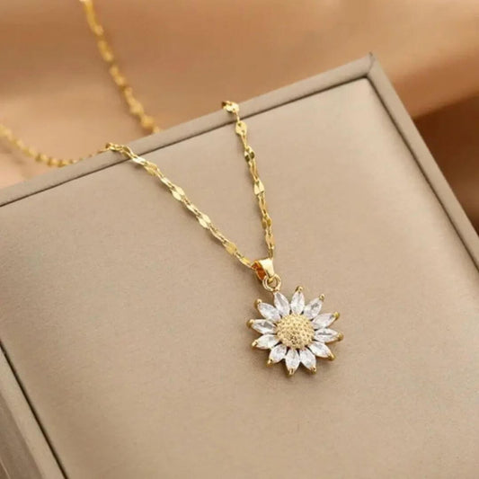 Gold Sunflower Crystal Pendant Necklace - Diane Jewelry