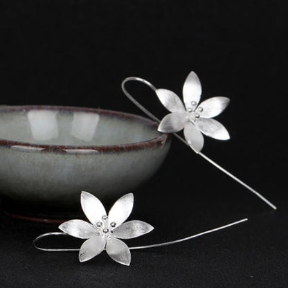 Silver Flower Long Drop Earrings - Diane Jewelry