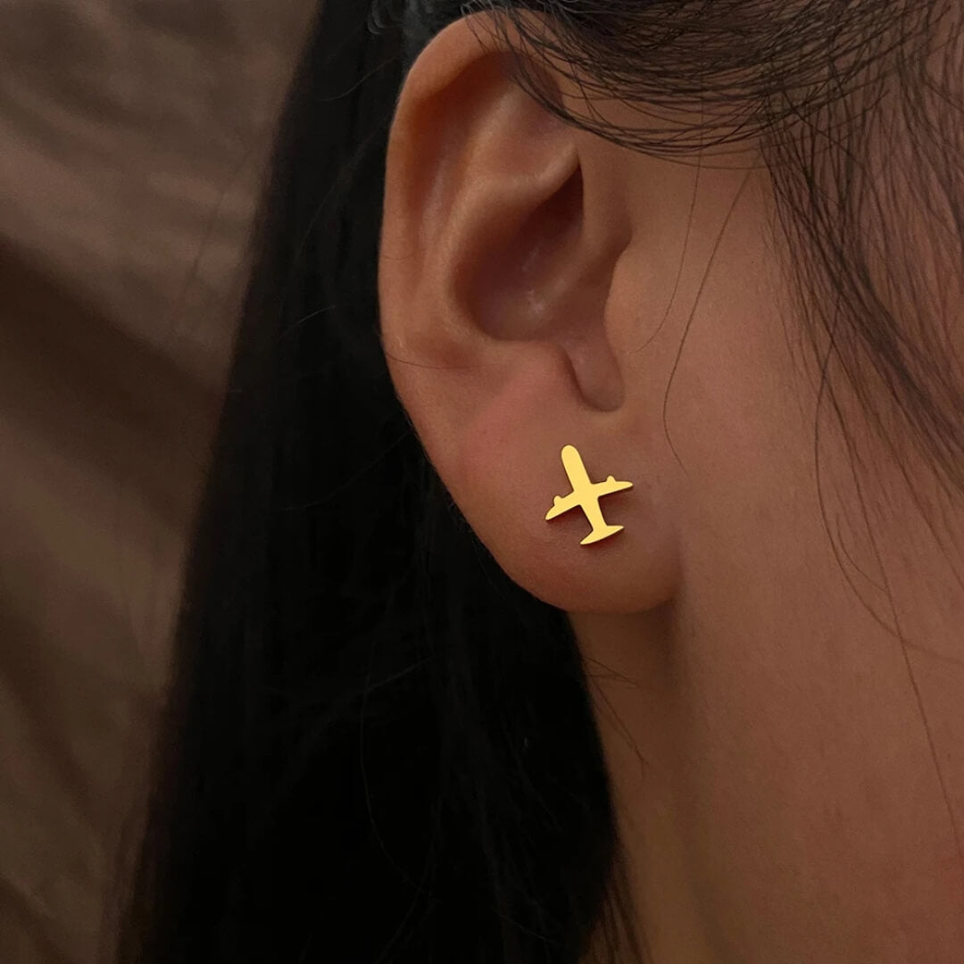 Gold Airplane Stud Earrings Travel - Diane Jewelry