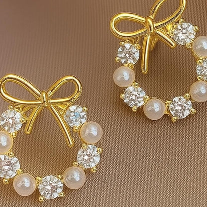 Gold Pearl Crystal Bow Earrings - Diane Jewelry