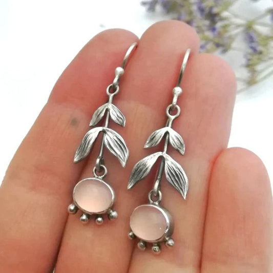 Vintage Leaf Pink Stone Earrings - Diane Jewelry