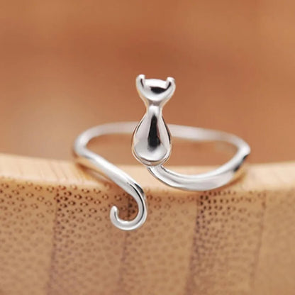 Silver Cat Adjustable Open Ring - Diane Jewelry