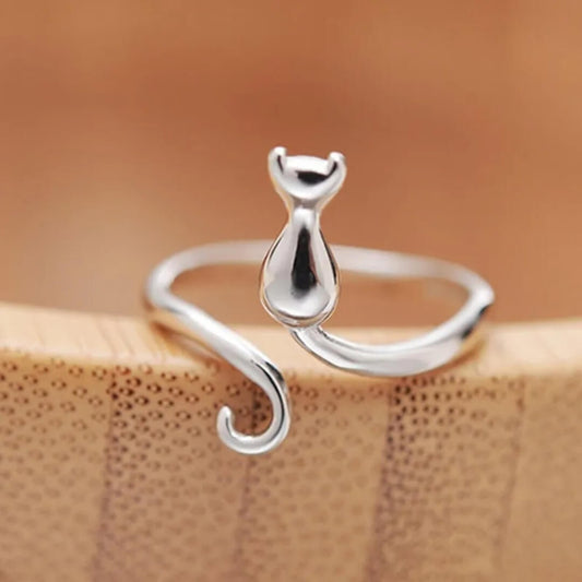 Silver Cat Adjustable Open Ring - Diane Jewelry