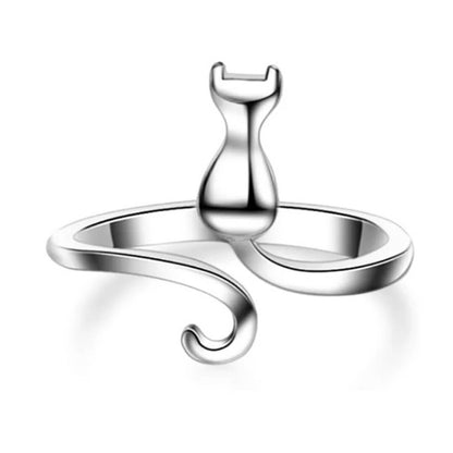 Silver Cat Adjustable Open Ring - Diane Jewelry
