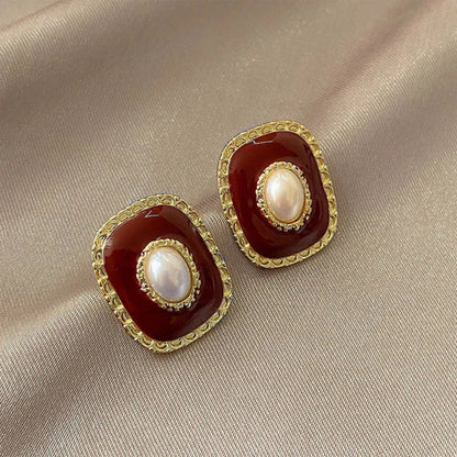 Vintage Pearl Red Enamel Earrings - Diane Jewelry