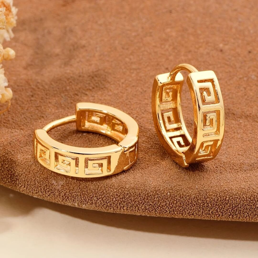 Greek Pattern Gold Hoop Earrings - Diane Jewelry